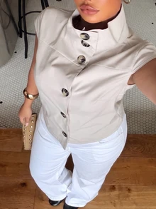 Muchica Plus-Size Grey Short-Sleeved Single-Breasted Stand-Collar Shirt, Casual Elegant, Formal Office Brunch, Summer - Khaki - View 7