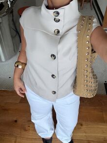 Muchica Plus-Size Grey Short-Sleeved Single-Breasted Stand-Collar Shirt, Casual Elegant, Formal Office Brunch, Summer - Khaki - View 5
