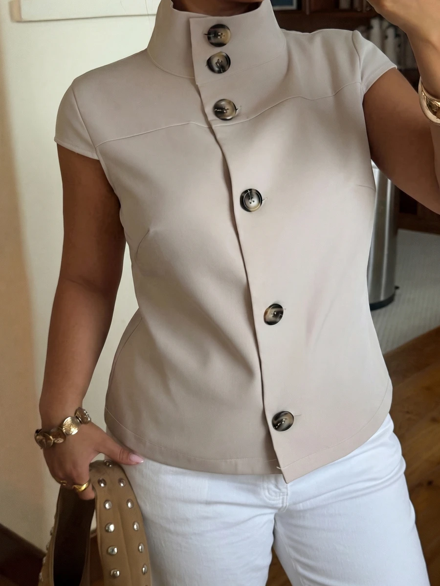 Muchica Plus-Size Grey Short-Sleeved Single-Breasted Stand-Collar Shirt, Casual Elegant, Formal Office Brunch, Summer - Khaki - View 1