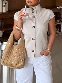 Muchica Plus-Size Grey Short-Sleeved Single-Breasted Stand-Collar Shirt, Casual Elegant, Formal Office Brunch, Summer - Khaki - View 4