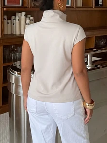 Muchica Plus-Size Grey Short-Sleeved Single-Breasted Stand-Collar Shirt, Casual Elegant, Formal Office Brunch, Summer - Khaki - View 2