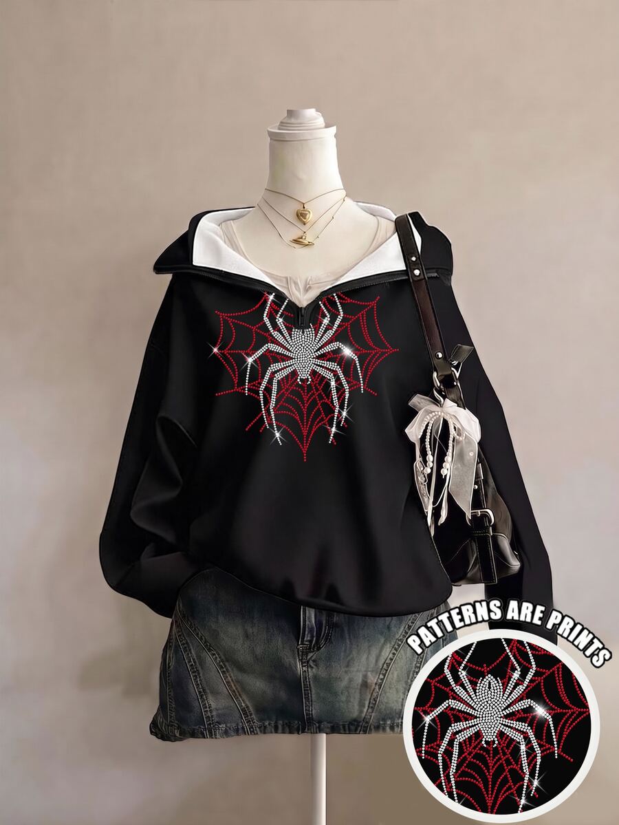 Half-Zip Hooded Sweatshirt, White Spider Red Spiderweb Pattern, Street Dark Aesthetic, Pairs With Denim Look Mini Skirt Or Cargo Pants - Multicolor - View 1