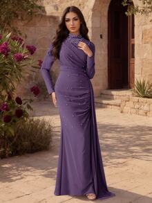 Coutiva 女款立領仿珍珠長款晚禮服，紫色冬季優雅女王風，適合晚宴、正式活動、婚禮誓約、排練晚餐 - 紫丁香色 - 查看 4