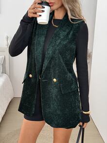 SHEIN LUNE 女款休閒商務休閒通勤辦公日常基礎外出穿搭無袖西裝外套 教師節 深綠色 - 墨綠色 - 查看 9