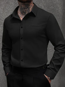 Manfinity Bizformal 男士白色休闲商务长袖衬衫 - 黑色 - 查看 4