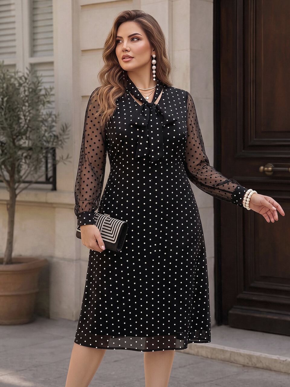 Plus Polka Dot Print Contrast Mesh Dress Autumn Clothes For Women 2026 Black And White Polka Dot Work Office Formal Brunch Dress Casual Elegant