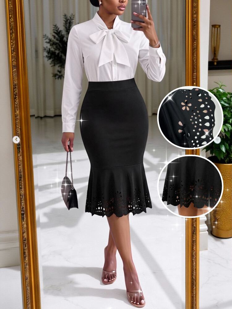 SHEIN Lady Plus Size Women Solid Color Pleated Casual Elegant Daily Skirt Formal Dinner Cocktail Black Autumn - Black - View 1