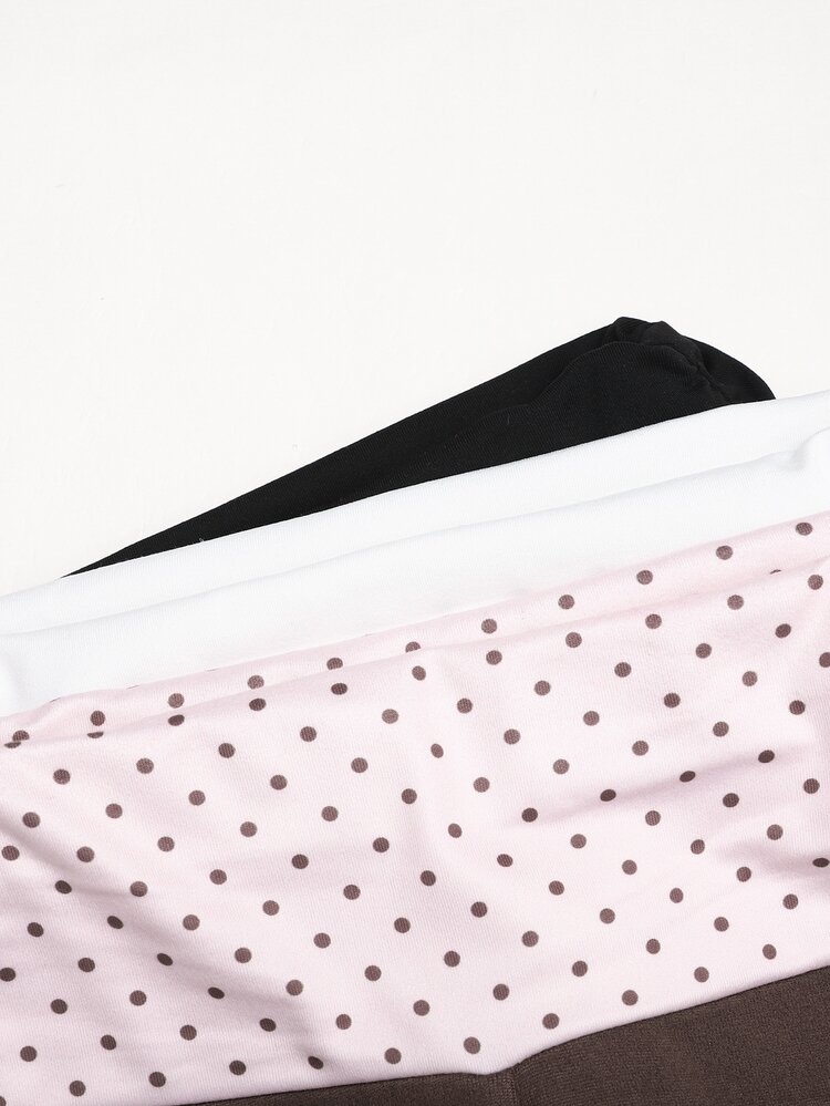 SHEIN Tween Girls Pants 3pcs Autumn/Winter New Fashion Casual Sports Black White Coffee Brown Polka Dot Waistband Solid Color Patchwork Polka Dot Flare Long Pants Set, Elastic Waistband, Fitness Sports Flare Leggings, American Retro Versatile - Multicolor - View 4