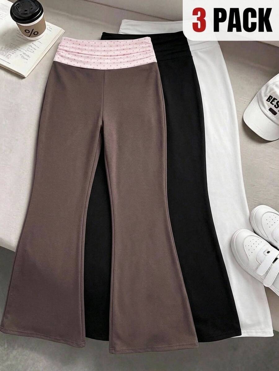 SHEIN Tween女孩3件組秋冬新款時尚休閒運動長褲套裝,黑色、白色、咖啡棕色,波點腰帶、純色拼接波點喇叭褲,彈性腰頭,健身運動喇叭緊身褲,美式復古百搭 - 彩色 - 查看 1