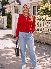 Rosumi Plus Size Solid Color Long Sleeve Casual Traditional Traditional Elegant Knitted Red Cardigan In Autumn Office Formal Formal Autumn Winter - Red - View 3