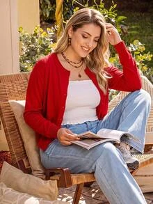 Rosumi Plus Size Solid Color Long Sleeve Casual Traditional Traditional Elegant Knitted Red Cardigan In Autumn Office Formal Formal Autumn Winter - Red - View 4