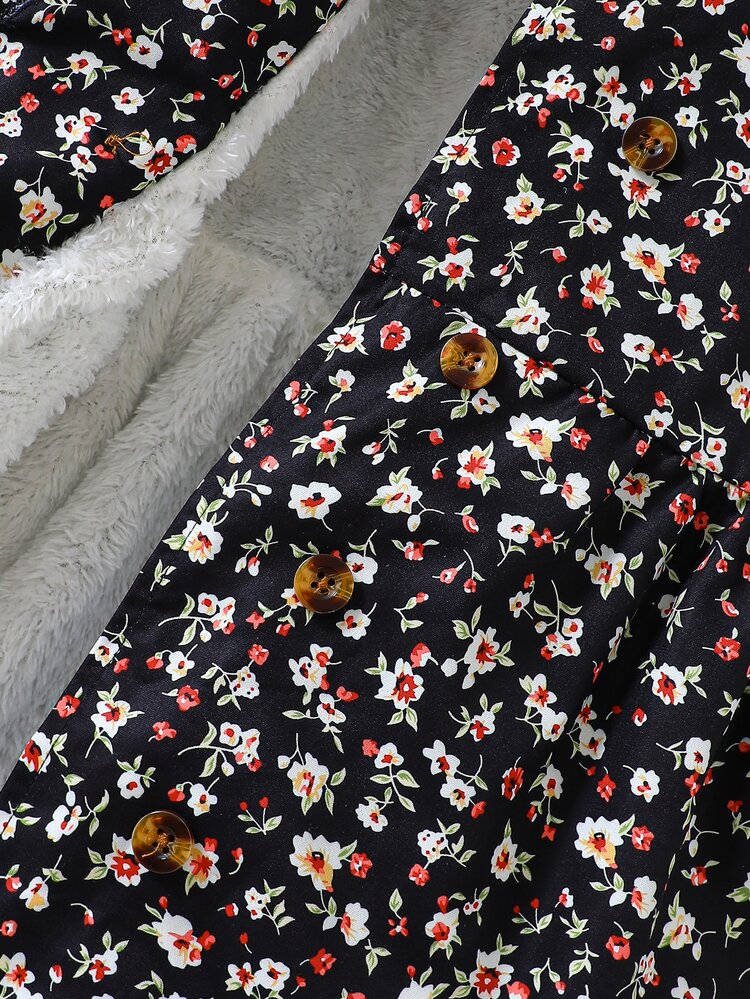 SHEIN Young Girl Ditsy Floral Hooded Jacket, Woven Fabric, Black Background With Ditsy Floral Digital Print Pattern, Cinched Waist, A-Line Silhouette, Fleece Lining, Double-Breasted Amber Button Design, Soft And Comfortable Fabric, Cute And Playful Casual Fashion Style, Suitable For Daily Wear, School, Outings, Vacations, And Cold Weather - Black - View 9