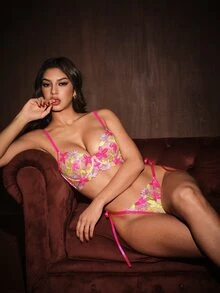 Bella Beso Ladies' Bright Pink Floral Embroidery Half Cup Bra And Side Strap Thong Underwear Set (1 Set, 2 Pieces) - Hot Pink - View 6