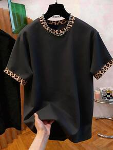 Manfinity Dauomo Men's New Summer Loose Contrast Collar Short Sleeve T-Shirt, Black Leopard Print, Street Style Dating Outdoor Photography - Multicolor - View 4