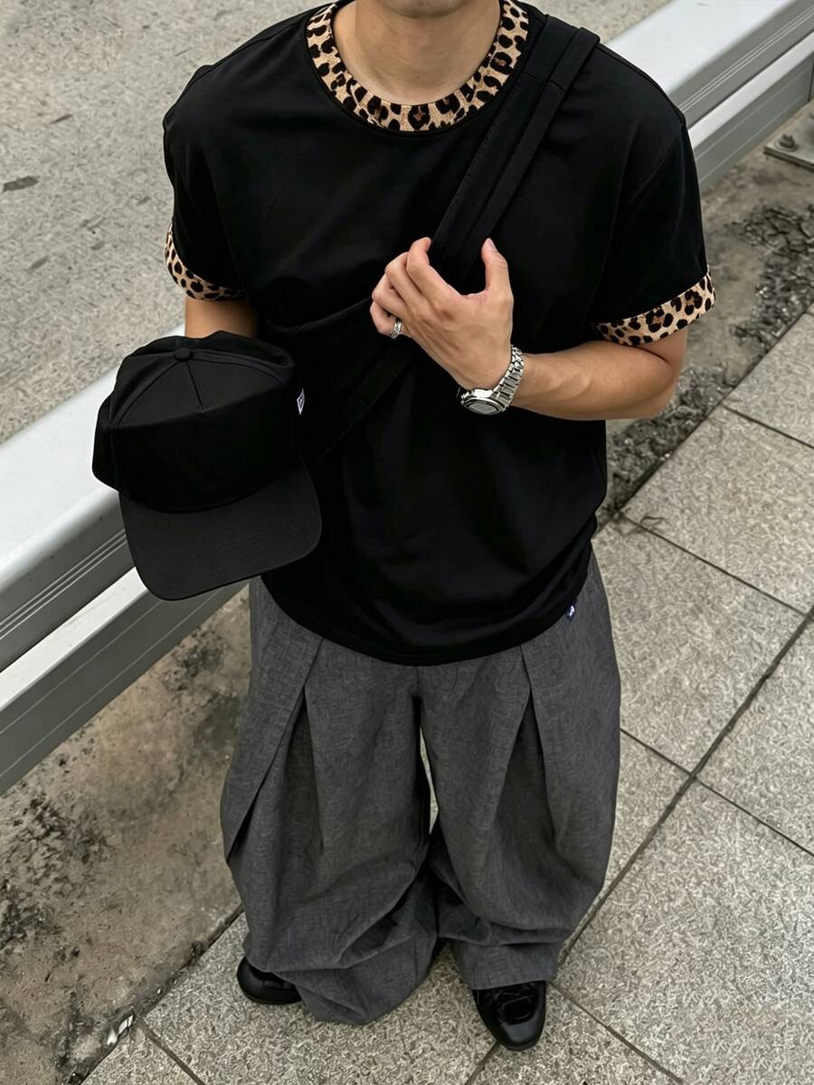 Manfinity Dauomo Men's New Summer Loose Contrast Collar Short Sleeve T-Shirt, Black Leopard Print, Street Style Dating Outdoor Photography - Multicolor - View 1