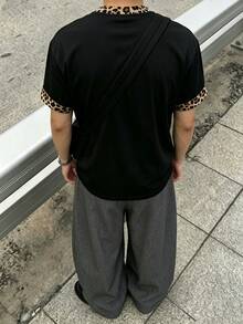 Manfinity Dauomo Men's New Summer Loose Contrast Collar Short Sleeve T-Shirt, Black Leopard Print, Street Style Dating Outdoor Photography - Multicolor - View 3