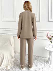 SHEIN Cottnline Classic Button Front Pajama Set – Soft Long Sleeve Top & Comfy Straight Leg Pants Loungewear - Beige - View 2