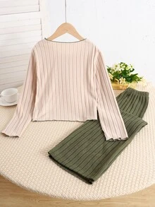 SHEIN Tween Girls Colorblock Minimalist Kids Long Sleeve Autumn Pants Fleece Applique Embroidery Set - Multicolor - View 5