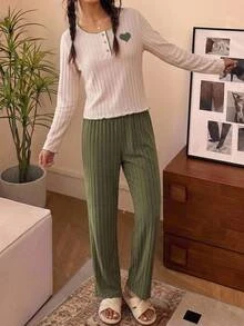 SHEIN Tween Girls Colorblock Minimalist Kids Long Sleeve Autumn Pants Fleece Applique Embroidery Set - Multicolor - View 2