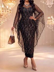 Fleurora Damen-Cocktailkleid in großen Größen mit Pailletten-Mesh-Patchwork, modisch, elegant, für Party, formelle Anlässe und Herbsthochzeit, Schwarz und Gold - Schwarz - Übersicht 2