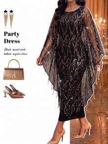 Fleurora Damen-Cocktailkleid in großen Größen mit Pailletten-Mesh-Patchwork, modisch, elegant, für Party, formelle Anlässe und Herbsthochzeit, Schwarz und Gold - Schwarz - Übersicht 3