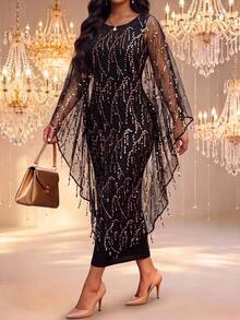 Fleurora Damen-Cocktailkleid in großen Größen mit Pailletten-Mesh-Patchwork, modisch, elegant, für Party, formelle Anlässe und Herbsthochzeit, Schwarz und Gold - Schwarz - Übersicht 1