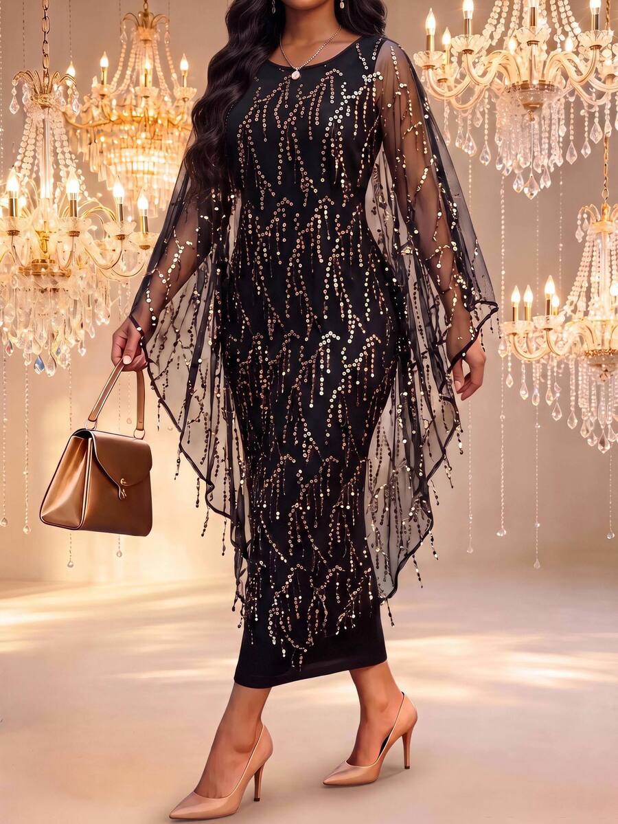 Fleurora Damen-Cocktailkleid in großen Größen mit Pailletten-Mesh-Patchwork, modisch, elegant, für Party, formelle Anlässe und Herbsthochzeit, Schwarz und Gold - Schwarz - Übersicht 1