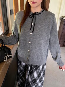Bijouette Cardigan Rajut Abu-abu Model Korea Ukuran Besar dengan Tali Serut dan Kancing Tunggal, Sweater Elegan, Pakaian Kerja untuk Wanita, Sweater Lucu, Sweater Musim Gugur dan Musim Dingin - Grey - View 7