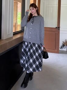 Bijouette Cardigan Rajut Abu-abu Model Korea Ukuran Besar dengan Tali Serut dan Kancing Tunggal, Sweater Elegan, Pakaian Kerja untuk Wanita, Sweater Lucu, Sweater Musim Gugur dan Musim Dingin - Grey - View 3