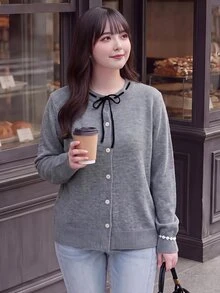 Bijouette Cardigan Rajut Abu-abu Model Korea Ukuran Besar dengan Tali Serut dan Kancing Tunggal, Sweater Elegan, Pakaian Kerja untuk Wanita, Sweater Lucu, Sweater Musim Gugur dan Musim Dingin - Grey - View 6