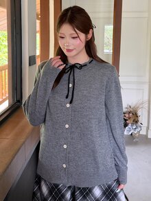 Bijouette Cardigan Rajut Abu-abu Model Korea Ukuran Besar dengan Tali Serut dan Kancing Tunggal, Sweater Elegan, Pakaian Kerja untuk Wanita, Sweater Lucu, Sweater Musim Gugur dan Musim Dingin - Grey - View 8
