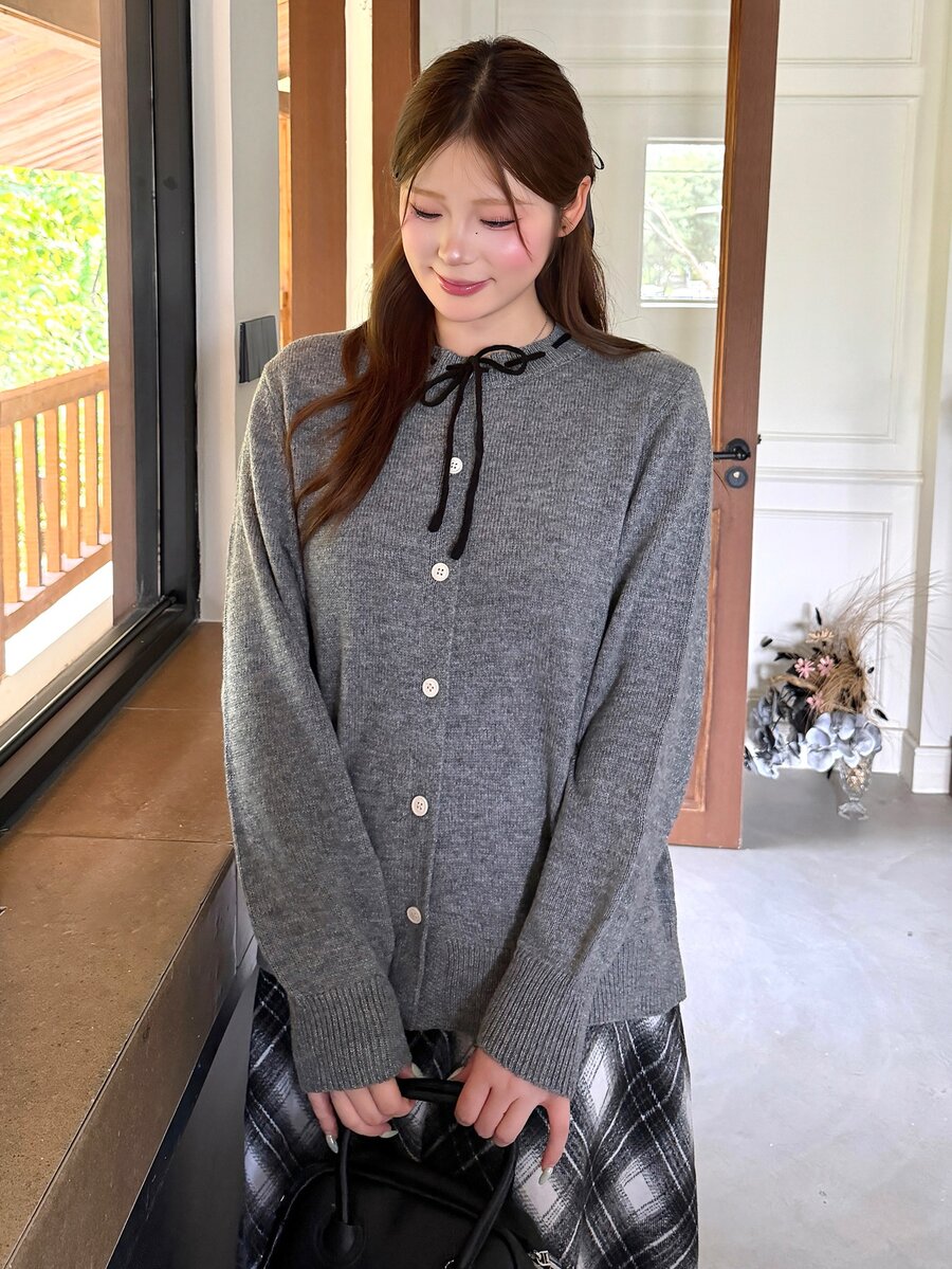 Bijouette Cardigan Rajut Abu-abu Model Korea Ukuran Besar dengan Tali Serut dan Kancing Tunggal, Sweater Elegan, Pakaian Kerja untuk Wanita, Sweater Lucu, Sweater Musim Gugur dan Musim Dingin - Grey - View 1