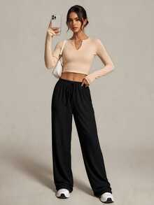 SHEIN Tall 女款休閒時尚黑色紋理直筒長褲 - 黑色 - 查看 10