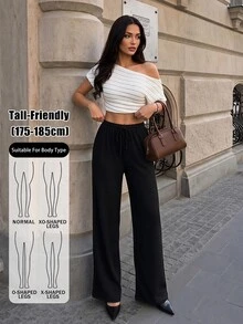 SHEIN Tall 女款休閒時尚黑色紋理直筒長褲 - 黑色 - 查看 5