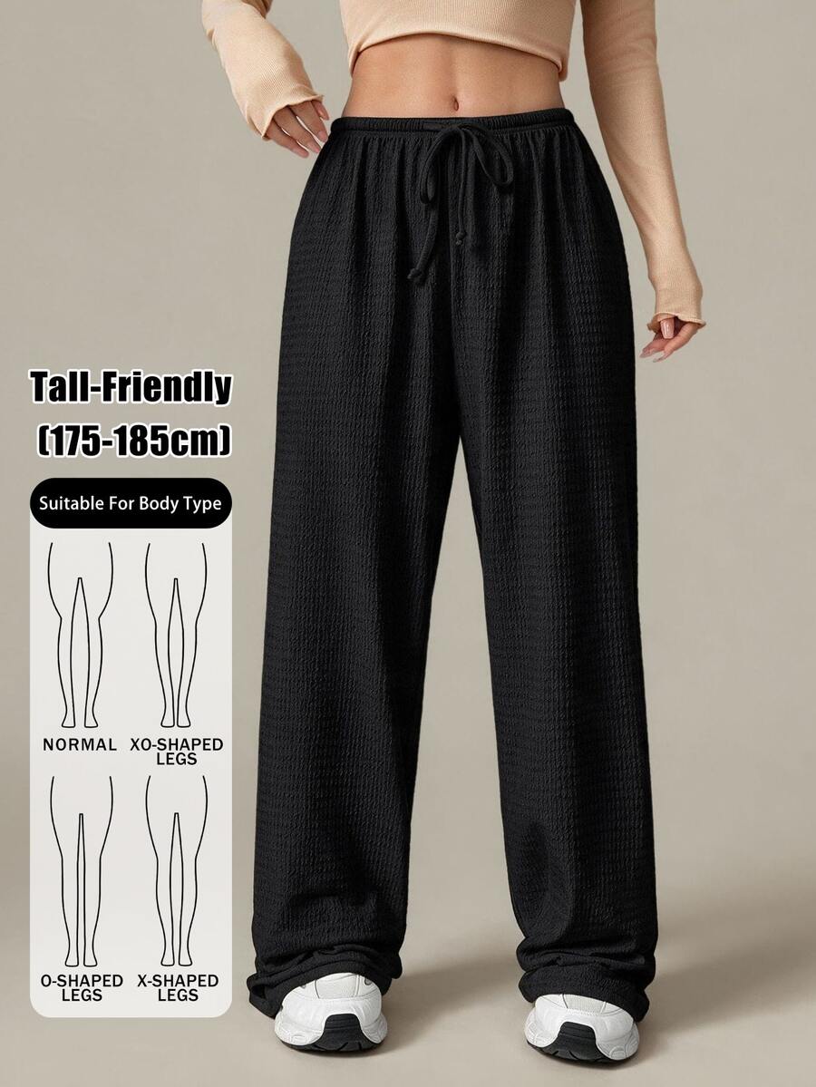 SHEIN Tall 女款休閒時尚黑色紋理直筒長褲 - 黑色 - 查看 1