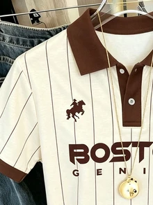 Resyla Men Men Retro Vertical Stripe Polo Shirt Contrast Brown Collar Boston Graphic Short Sleeve Summer Casual Top - Multicolor - View 5