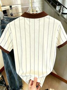 Resyla Men Men Retro Vertical Stripe Polo Shirt Contrast Brown Collar Boston Graphic Short Sleeve Summer Casual Top - Multicolor - View 4