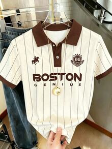 Resyla Men Men Retro Vertical Stripe Polo Shirt Contrast Brown Collar Boston Graphic Short Sleeve Summer Casual Top - Multicolor - View 3