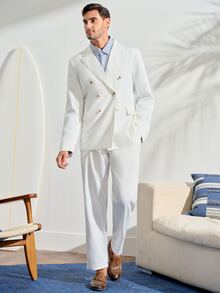 Men's White Double-Breasted Suit Set,Elegant Summer Civil Wedding 2 Pieces Outfit,Jacket And Pocket Trousers Suit Wedding Fall Winter Formal Business Commute‌ Old Money - White - View 4