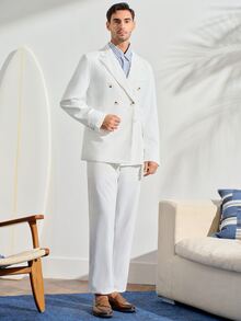 Men's White Double-Breasted Suit Set,Elegant Summer Civil Wedding 2 Pieces Outfit,Jacket And Pocket Trousers Suit Wedding Fall Winter Formal Business Commute‌ Old Money - White - View 5
