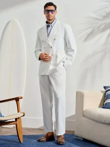 Men's White Double-Breasted Suit Set,Elegant Summer Civil Wedding 2 Pieces Outfit,Jacket And Pocket Trousers Suit Wedding Fall Winter Formal Business Commute‌ Old Money - White - View 1