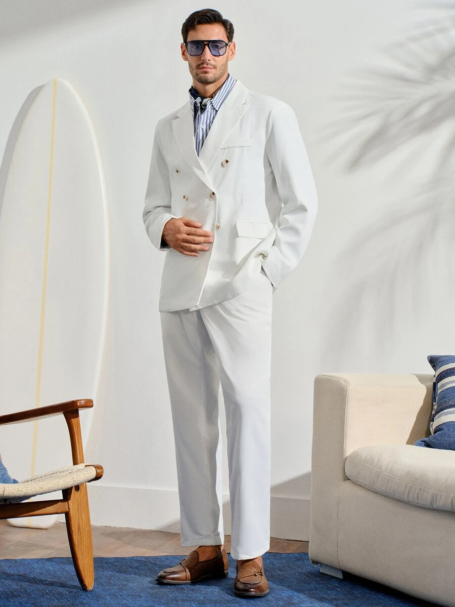 Men's White Double-Breasted Suit Set,Elegant Summer Civil Wedding 2 Pieces Outfit,Jacket And Pocket Trousers Suit Wedding Fall Winter Formal Business Commute‌ Old Money - White - View 1