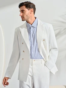 Men's White Double-Breasted Suit Set,Elegant Summer Civil Wedding 2 Pieces Outfit,Jacket And Pocket Trousers Suit Wedding Fall Winter Formal Business Commute‌ Old Money - White - View 6