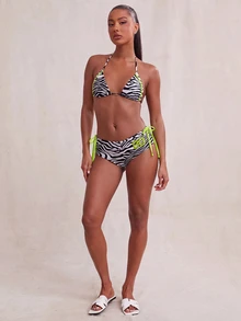 NYA SZN Neon Lime Contrast Piping Zebra Striped Print Halter Triangle Bikini Swimwear - Black and White - View 3