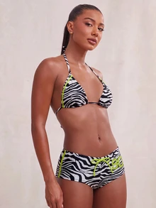 NYA SZN Neon Lime Contrast Piping Zebra Striped Print Halter Triangle Bikini Swimwear - Black and White - View 5