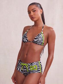 NYA SZN Neon Lime Contrast Piping Zebra Striped Print Halter Triangle Bikini Swimwear - Black and White - View 4