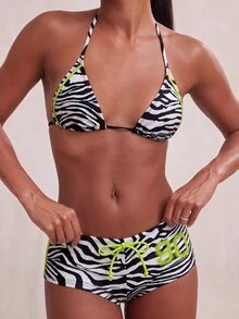 NYA SZN Neon Lime Contrast Piping Zebra Striped Print Halter Triangle Bikini Swimwear - Black and White - View 6