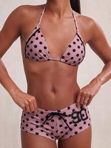 NYA SZN Polka Dot Halter Triangle Bikini Swimwear - Pink - View 6