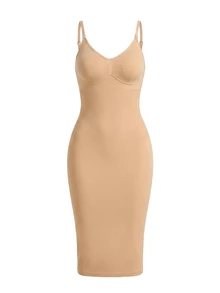 Nuvra Women's Solid Color Round Neck Bodycon Sleeveless Shaping Dress - Beige - View 9