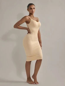Nuvra Women's Solid Color Round Neck Bodycon Sleeveless Shaping Dress - Beige - View 10